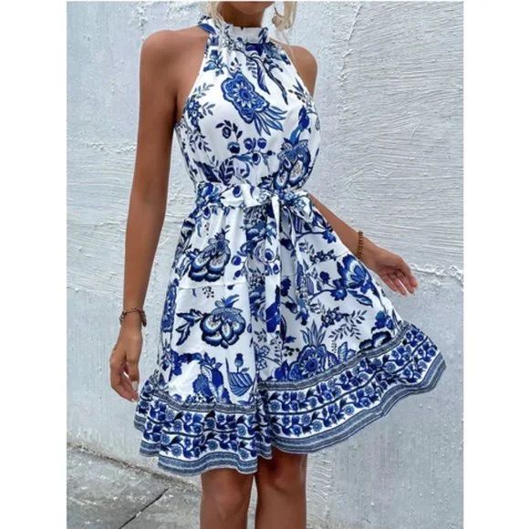 Blue And White Boho Women's Floral Print Belted Halter Dress Vacation Beach - Picture 2 of 6